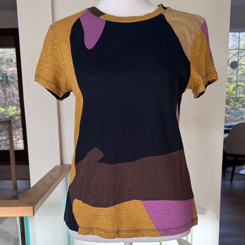 Sanctuary Navy, Brown, Mustard & Purple Abstract Short Sleeve Top